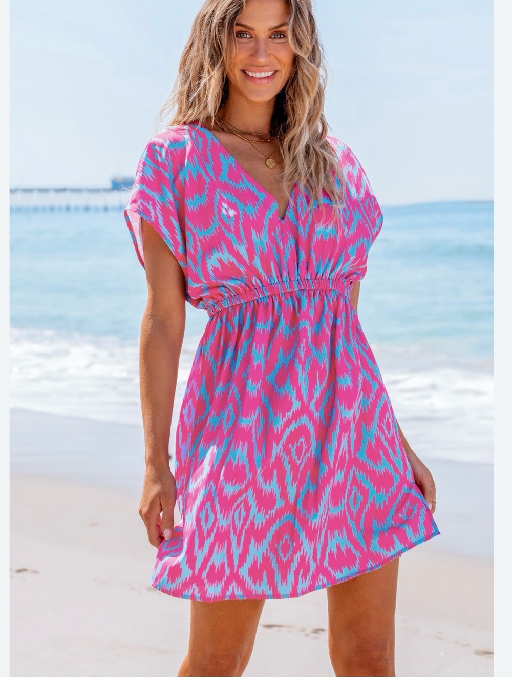 Cupshe Pink & Turquoise V-Neck Elastic-Waist Mini Dress
